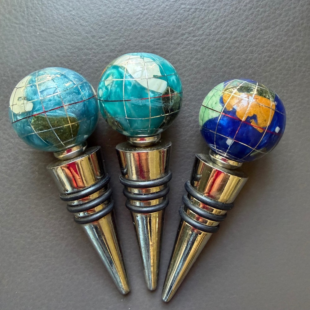 Alexander Kalifano Wine Bottle Stopper SET of 3 Blue Globe Gemstone Inlay